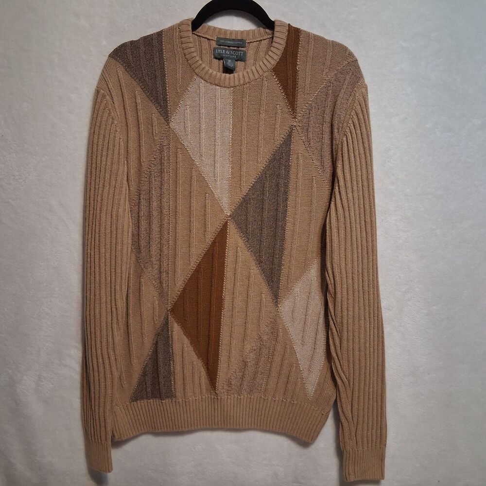 Lyle & Scott Scotland M Sweater Brushed Cotton Argyle Brown 3D Knit Academia Vtg